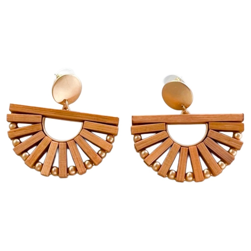 Bohemian Wooden Fan Earrings With Gold Accents (NWOT)